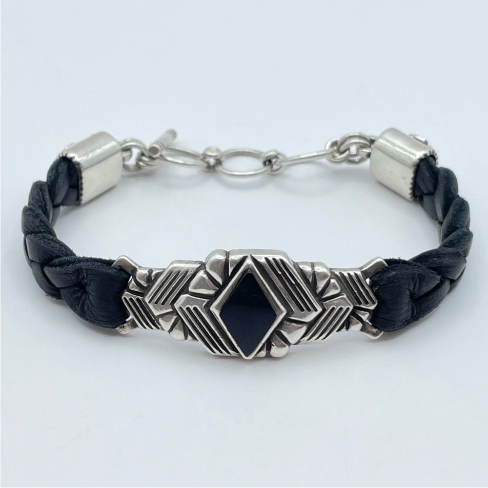 Peyote Bird Sterling Silver Black Braided Leather Bracelet